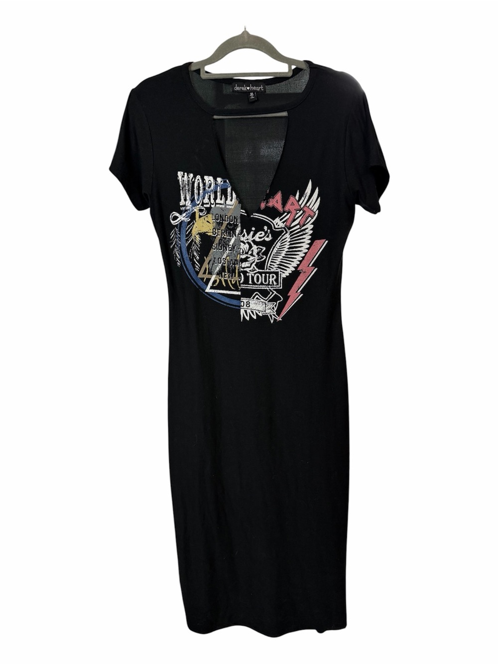 Derek Heart vneck cutout graphic rock and roll fitted dress